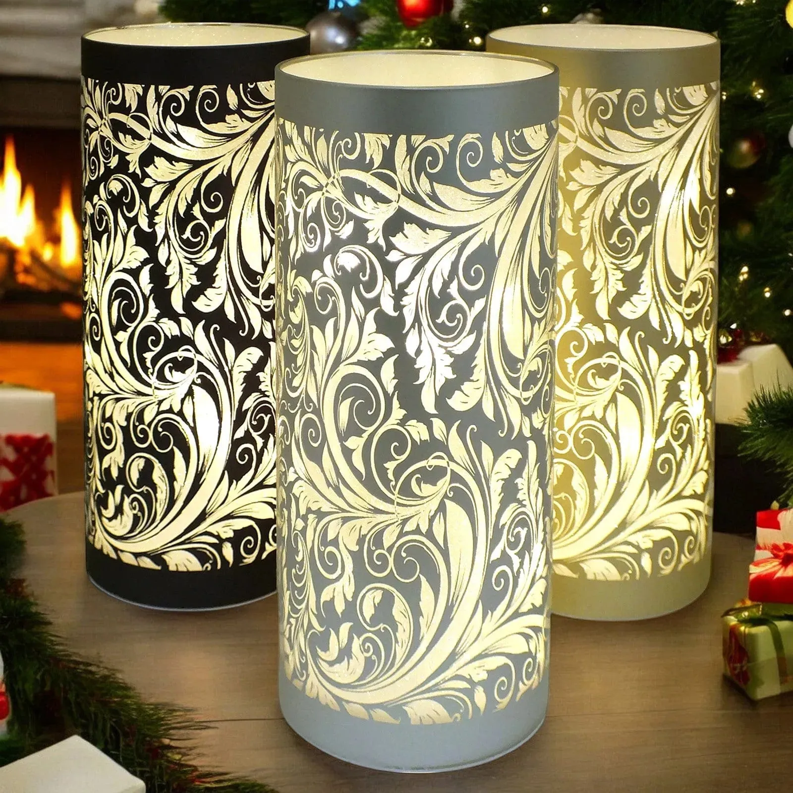 LED Christmas Lights Battery Powered Cordless Glass Table Lamps | Sparkling Leaves Design