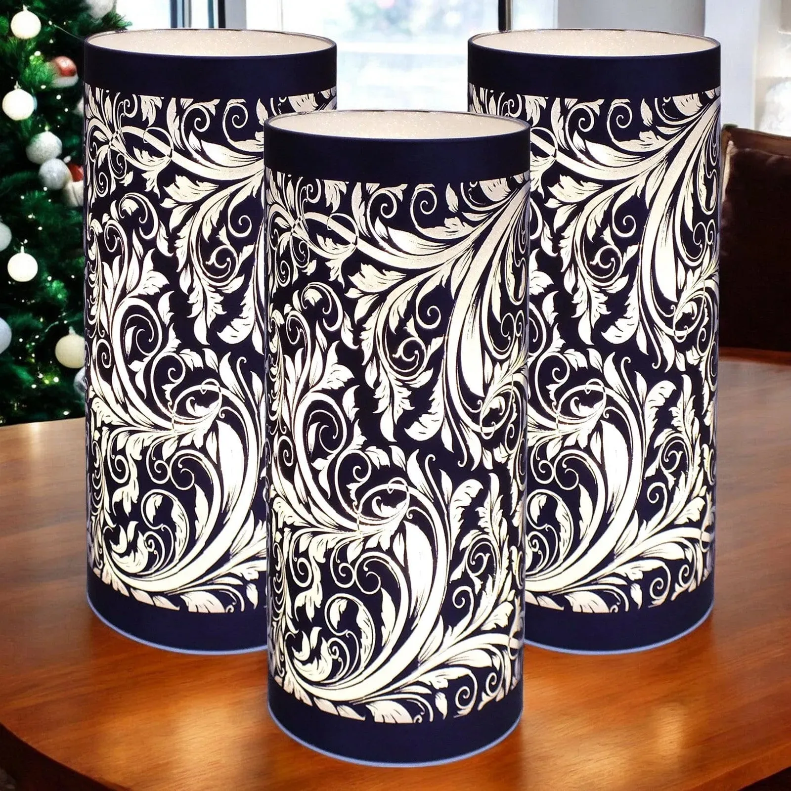 LED Christmas Lights Battery Powered Cordless Glass Table Lamps | Sparkling Leaves Design