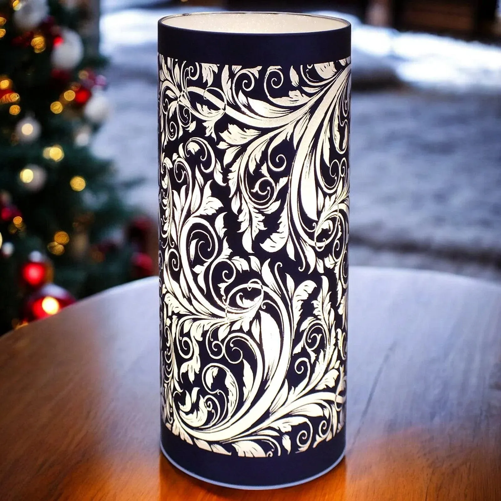 LED Christmas Lights Battery Powered Cordless Glass Table Lamps | Sparkling Leaves Design