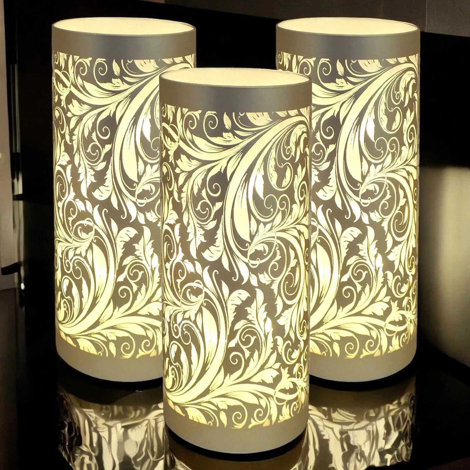 LED Christmas Lights Battery Powered Cordless Glass Table Lamps | Sparkling Leaves Design