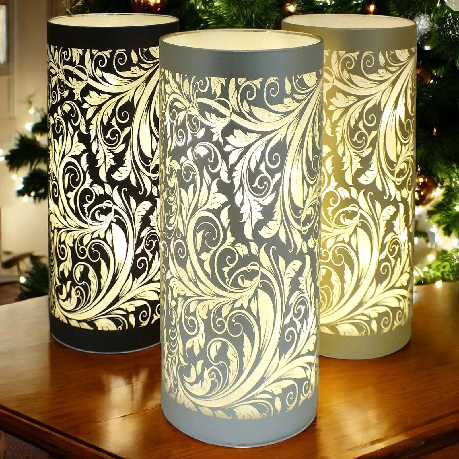 LED Christmas Lights Battery Powered Cordless Glass Table Lamps | Sparkling Leaves Design