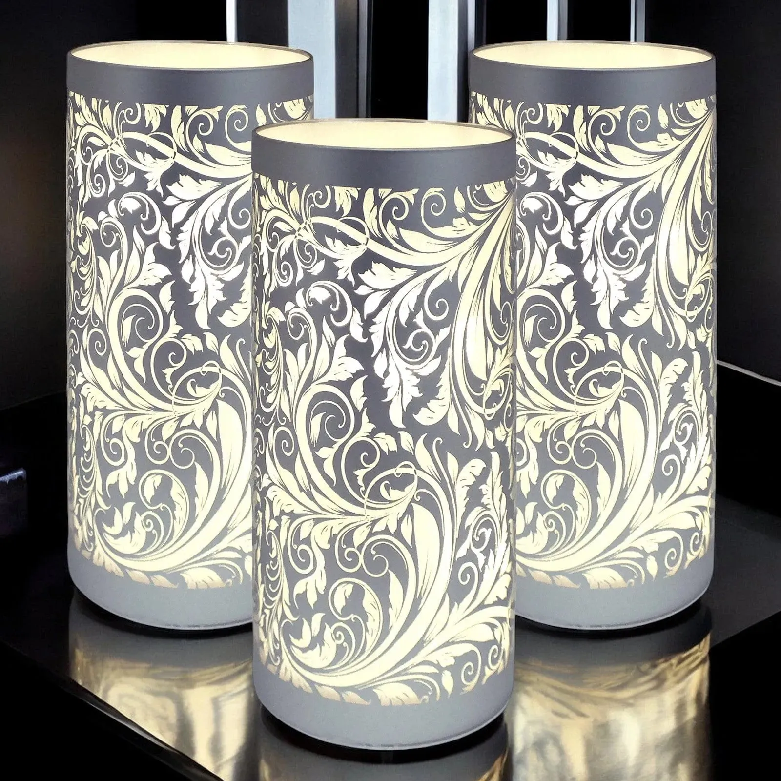 LED Christmas Lights Battery Powered Cordless Glass Table Lamps | Sparkling Leaves Design