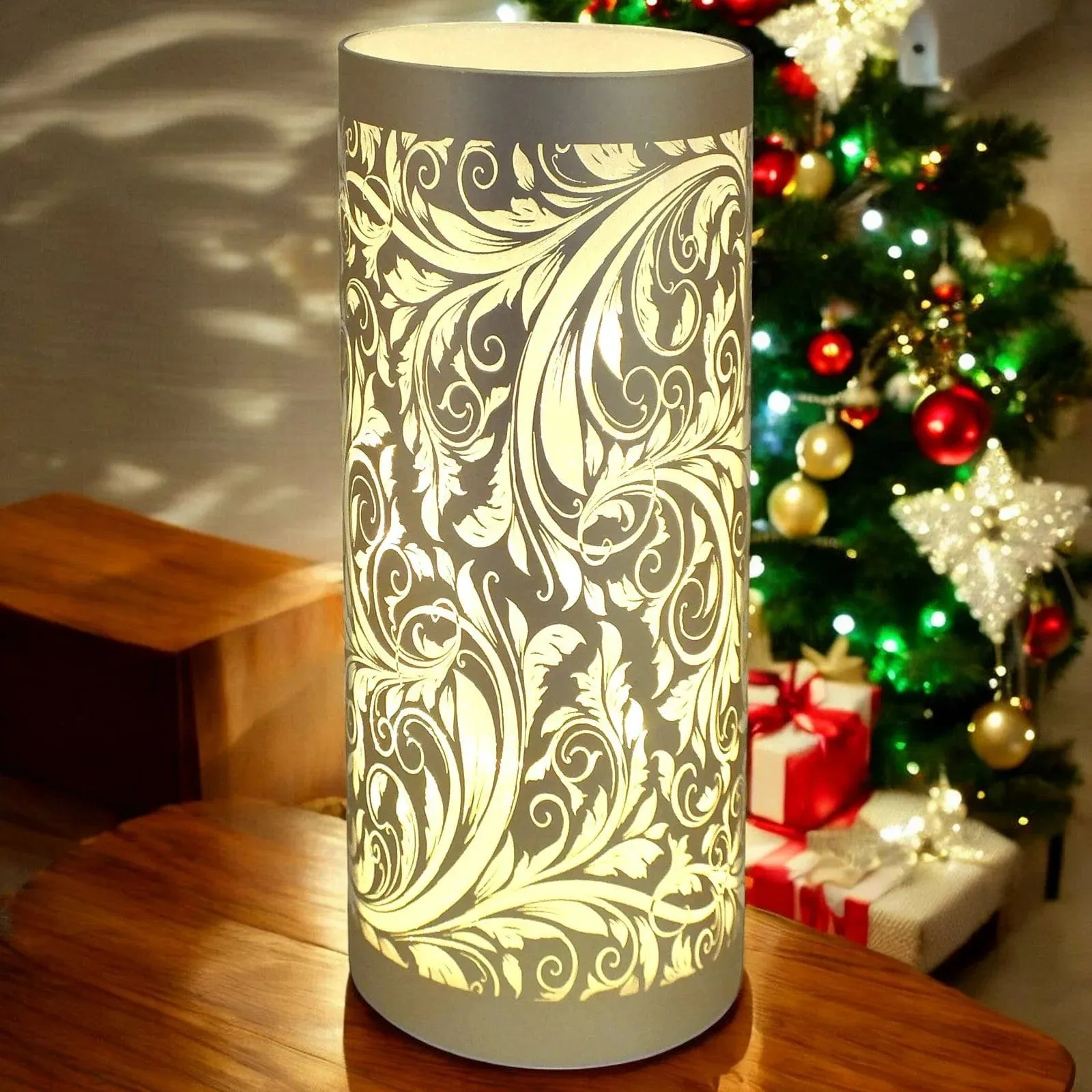 LED Christmas Lights Battery Powered Cordless Glass Table Lamps | Sparkling Leaves Design
