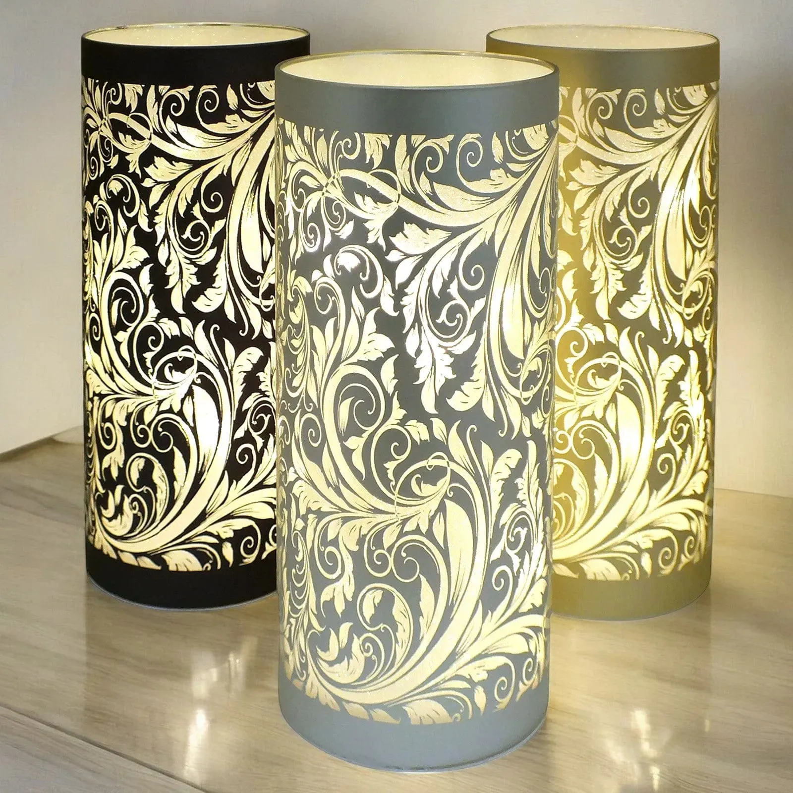 LED Christmas Lights Battery Powered Cordless Glass Table Lamps | Sparkling Leaves Design