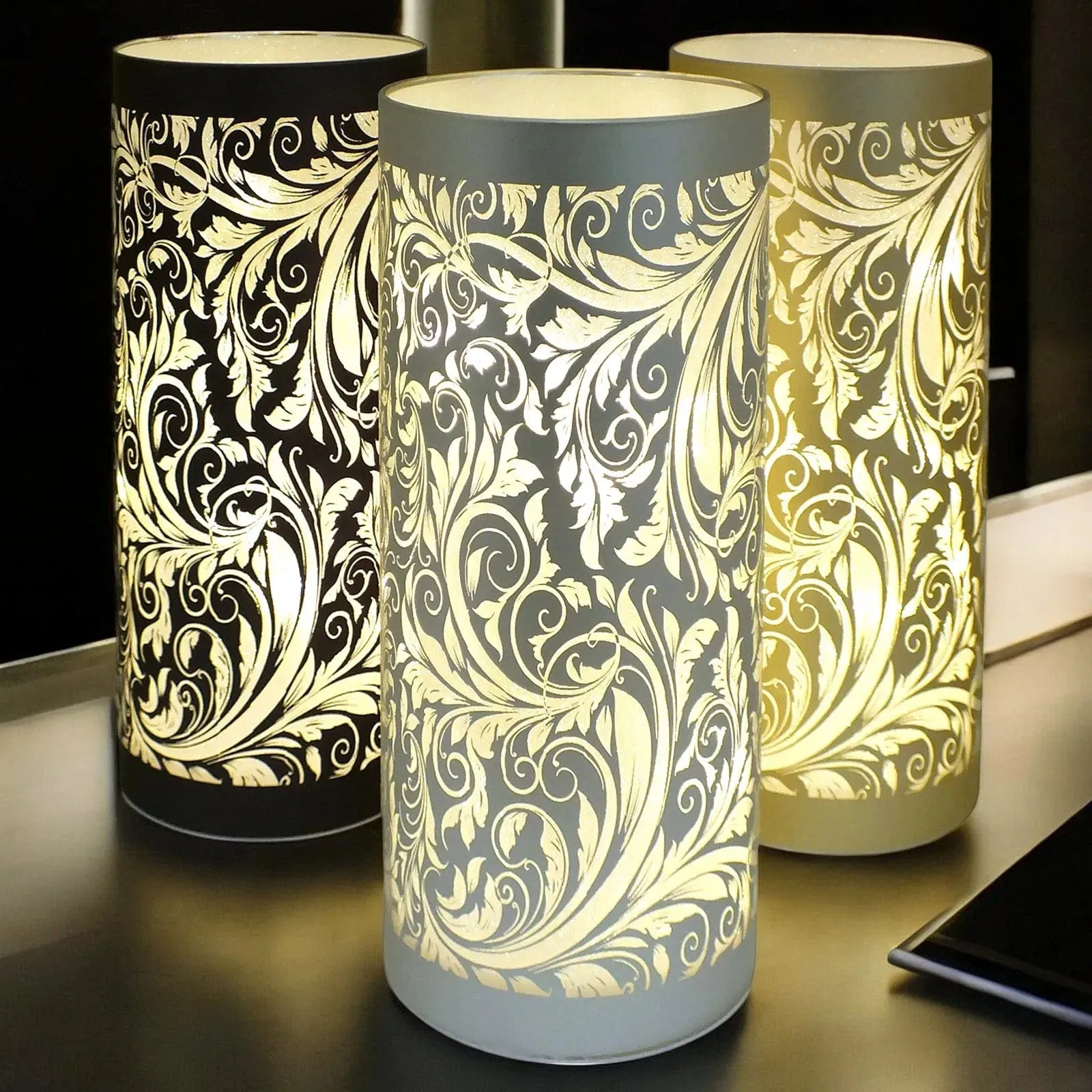LED Christmas Lights Battery Powered Cordless Glass Table Lamps | Sparkling Leaves Design
