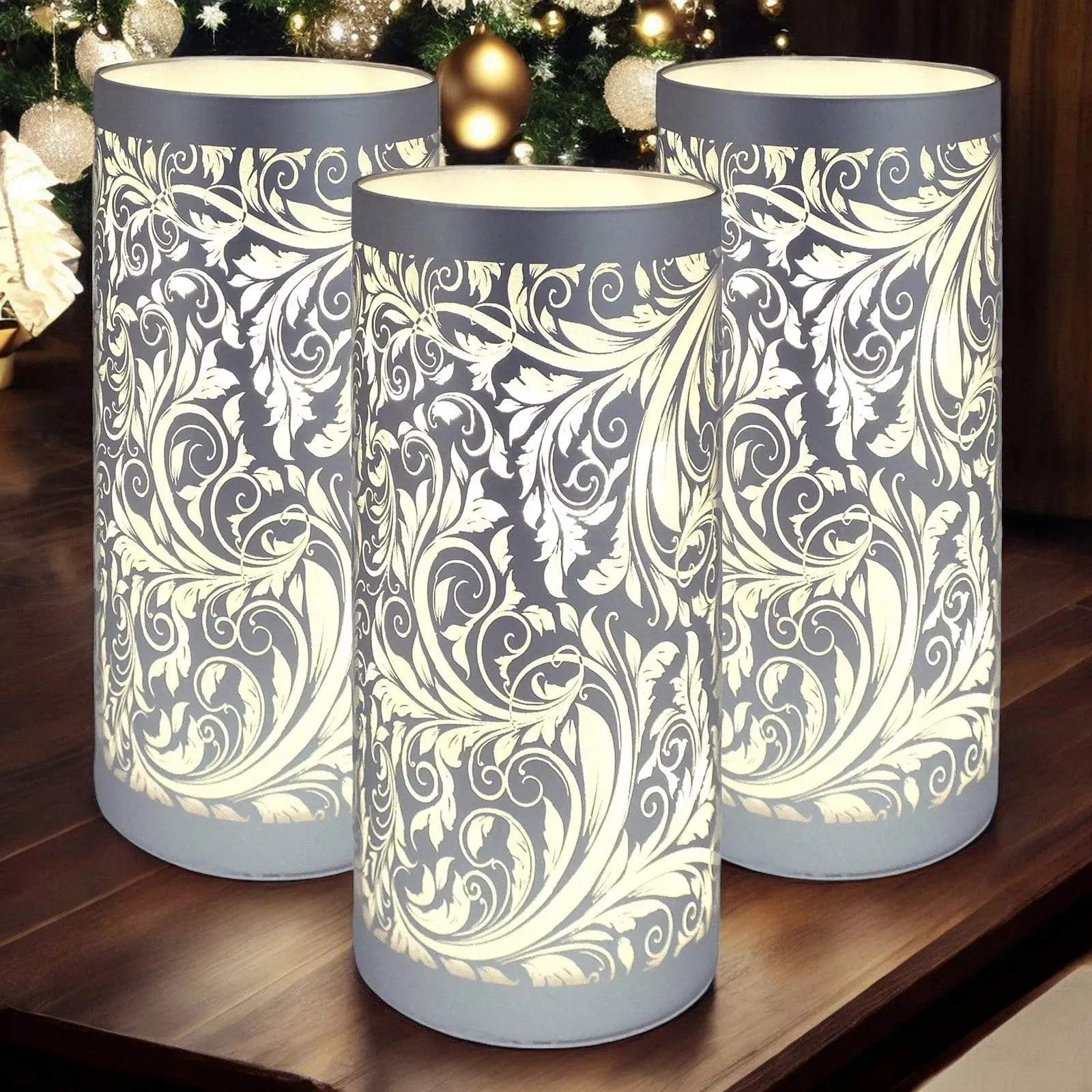 LED Christmas Lights Battery Powered Cordless Glass Table Lamps | Sparkling Leaves Design