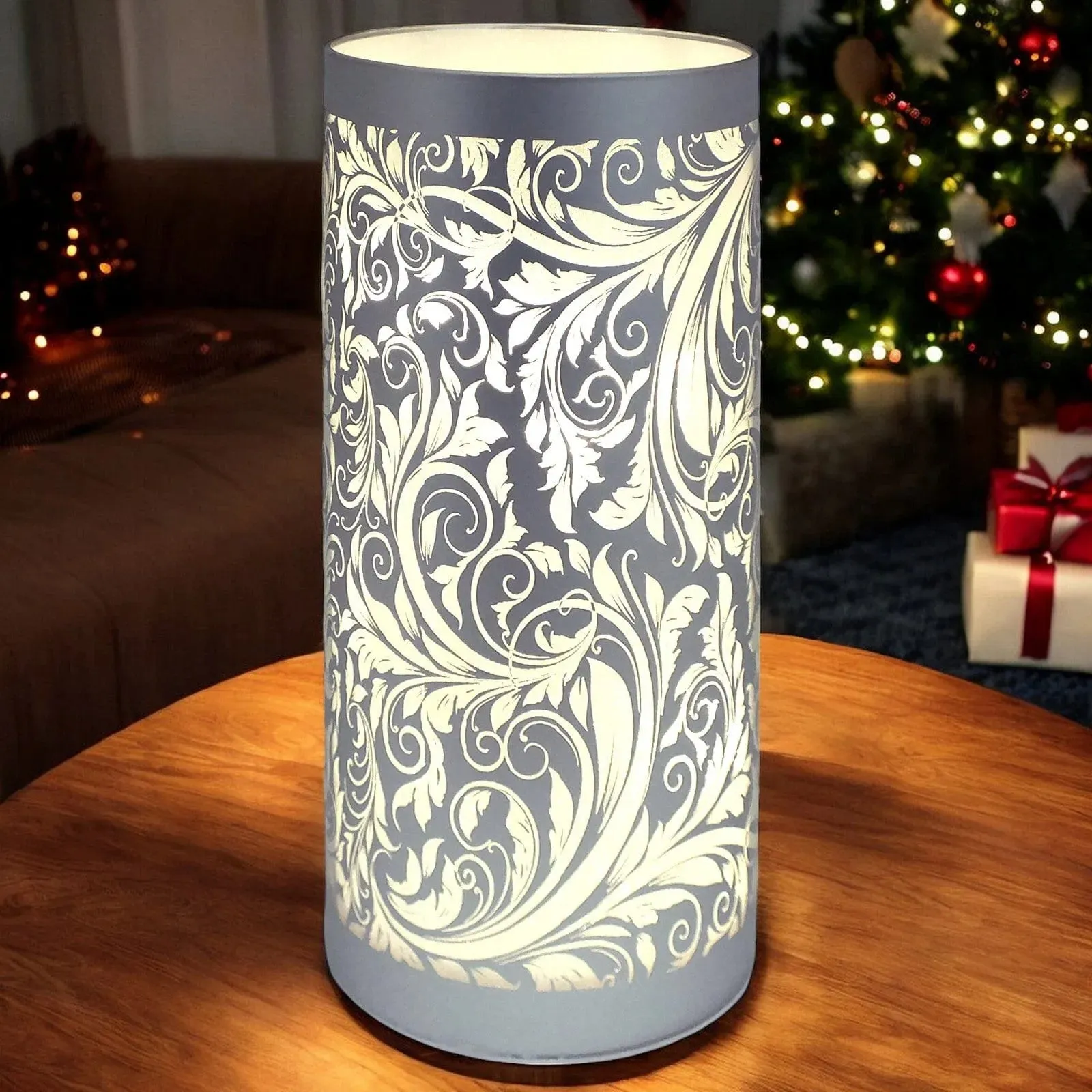 LED Christmas Lights Battery Powered Cordless Glass Table Lamps | Sparkling Leaves Design