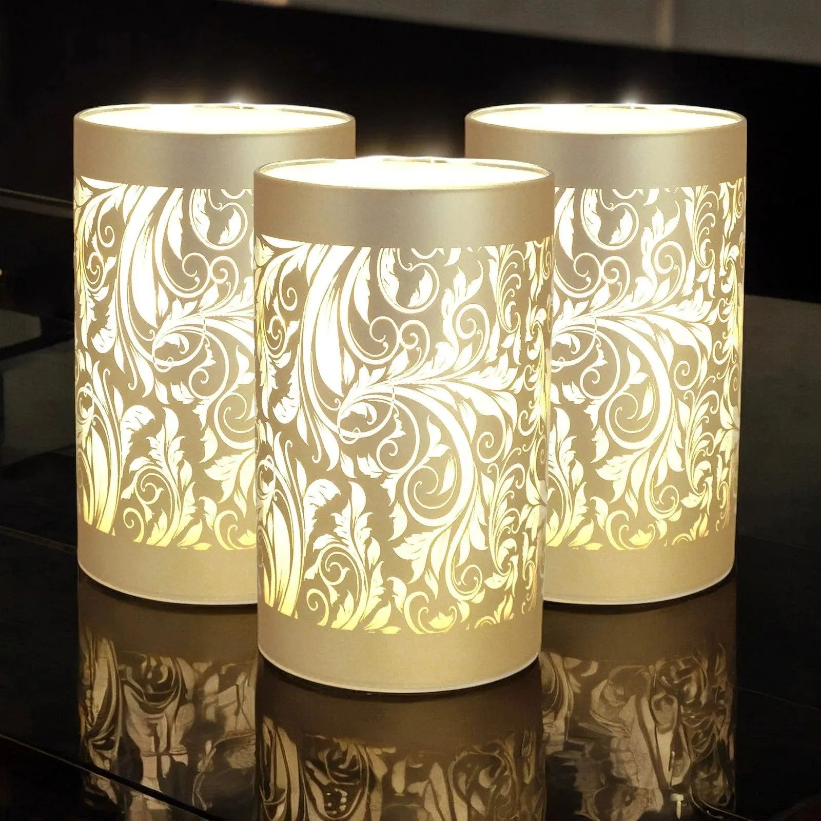 LED Glass Table Lamps Battery Operated Cordless Lights | Illuminated Sparkling Leaf Design | Blue, Gold or Silver