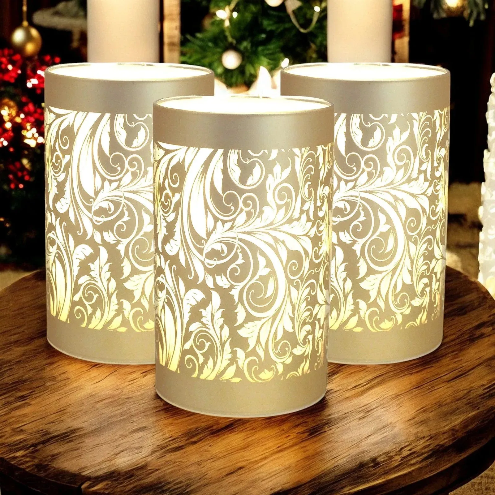 LED Glass Table Lamps Battery Operated Cordless Lights | Illuminated Sparkling Leaf Design | Blue, Gold or Silver
