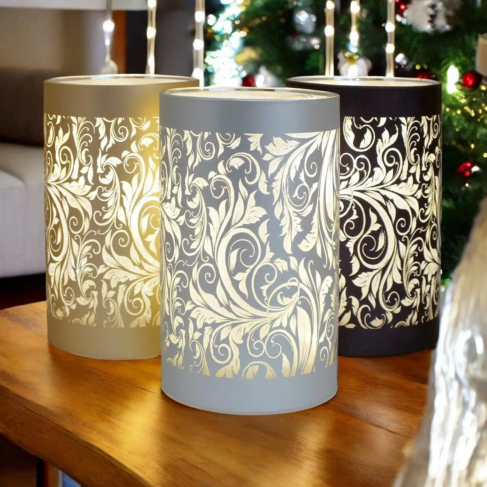 LED Glass Table Lamps Battery Operated Cordless Lights | Illuminated Sparkling Leaf Design | Blue, Gold or Silver