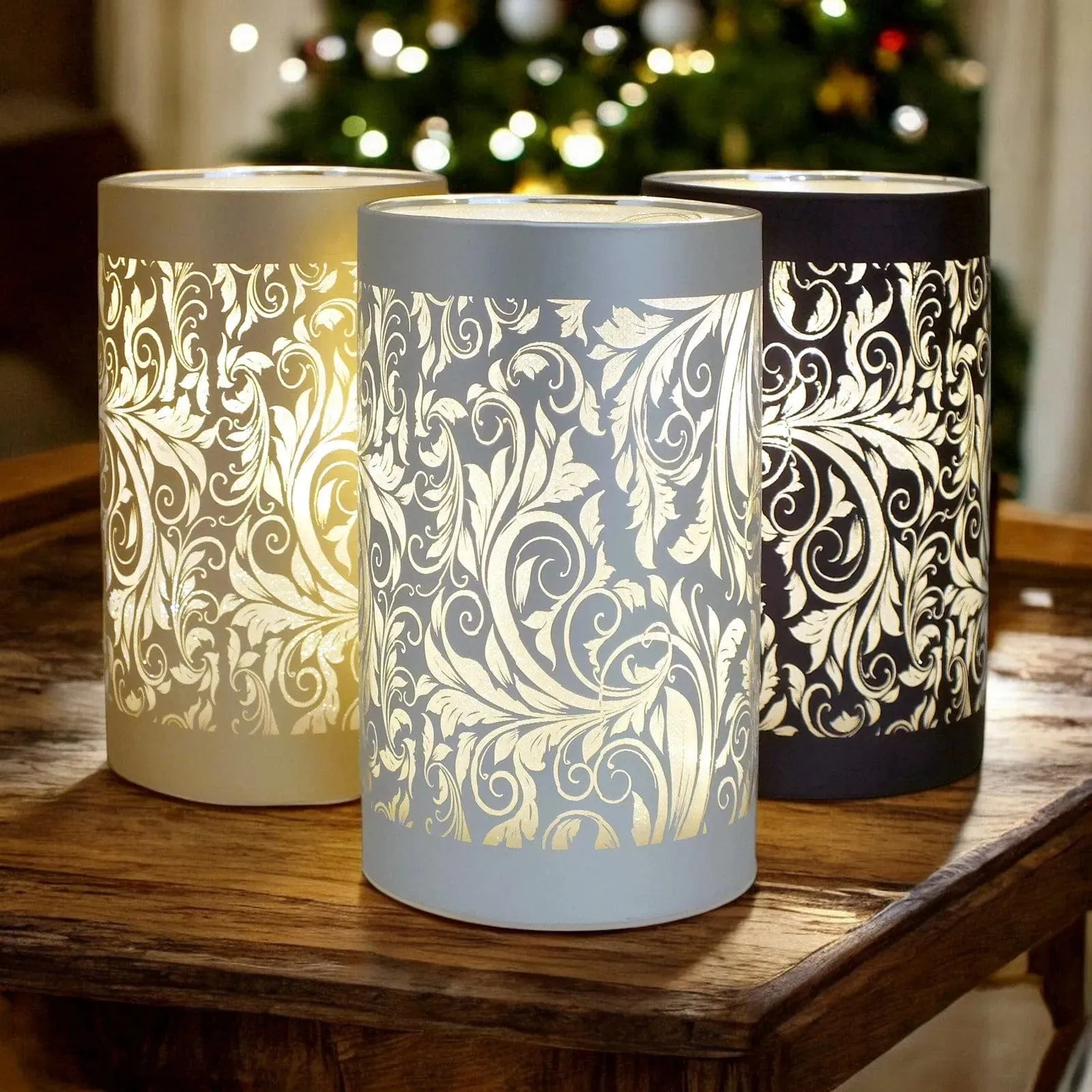 LED Glass Table Lamps Battery Operated Cordless Lights | Illuminated Sparkling Leaf Design | Blue, Gold or Silver