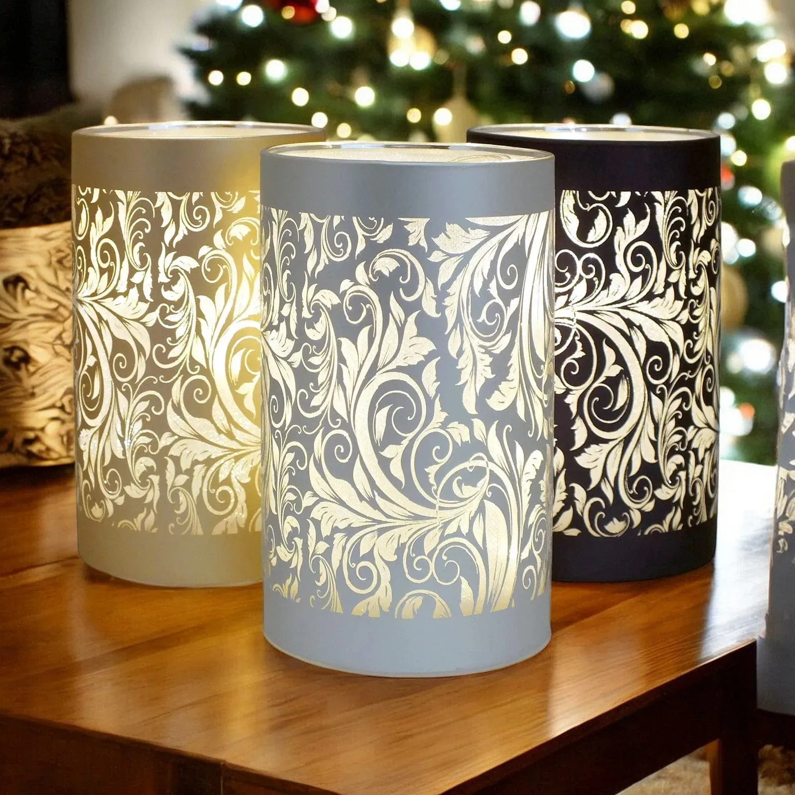 LED Glass Table Lamps Battery Operated Cordless Lights | Illuminated Sparkling Leaf Design | Blue, Gold or Silver