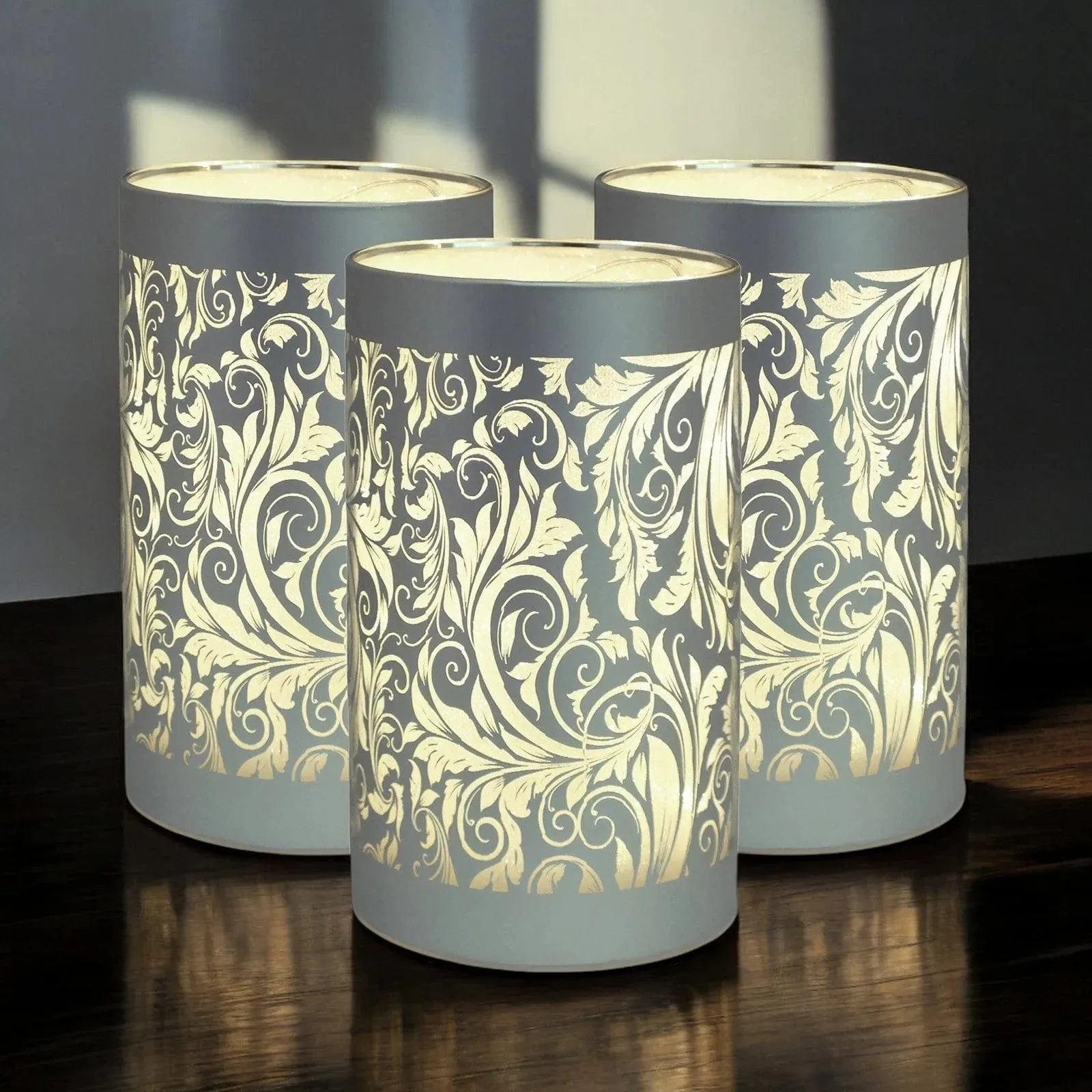 LED Glass Table Lamps Battery Operated Cordless Lights | Illuminated Sparkling Leaf Design | Blue, Gold or Silver
