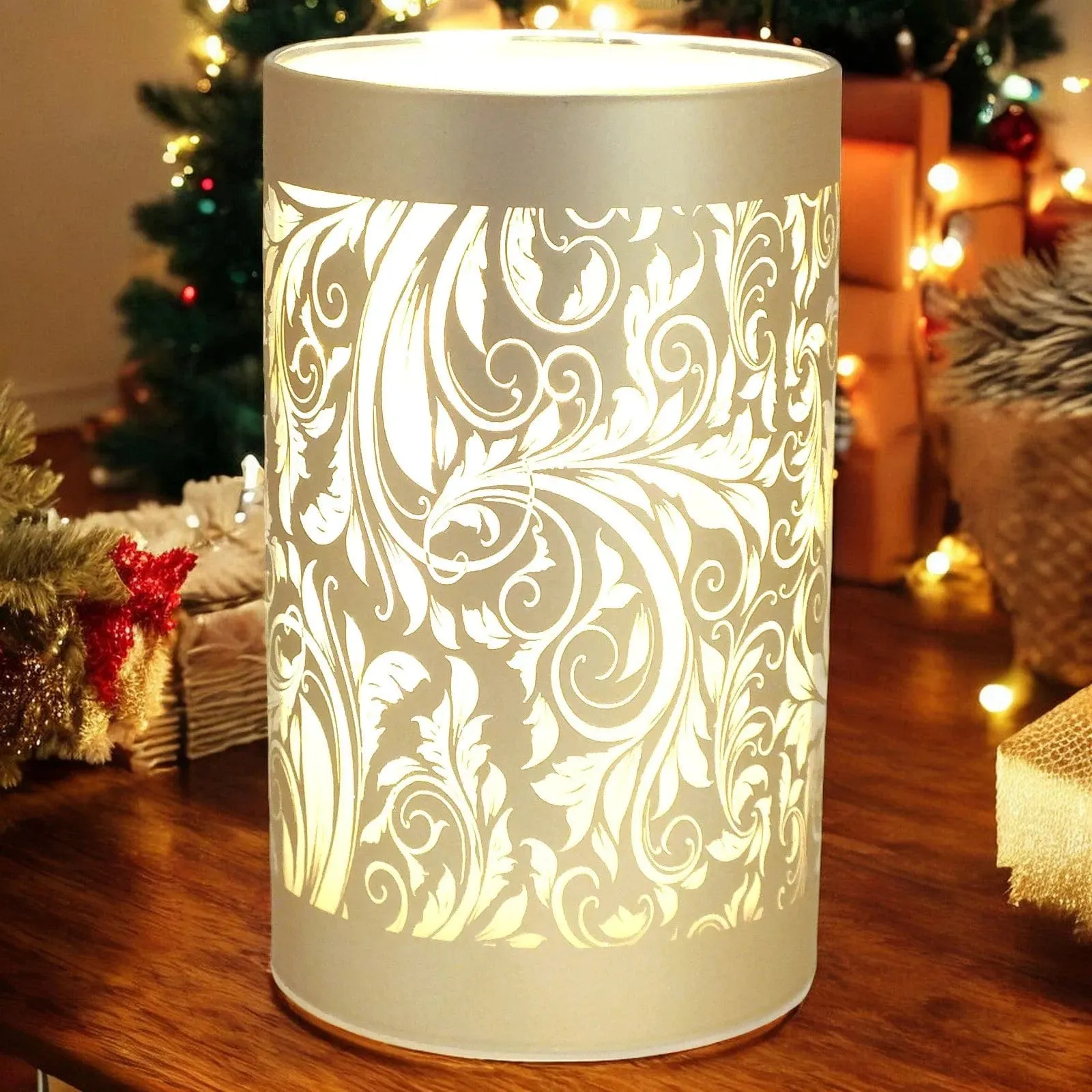 LED Glass Table Lamps Battery Operated Cordless Lights | Illuminated Sparkling Leaf Design | Blue, Gold or Silver