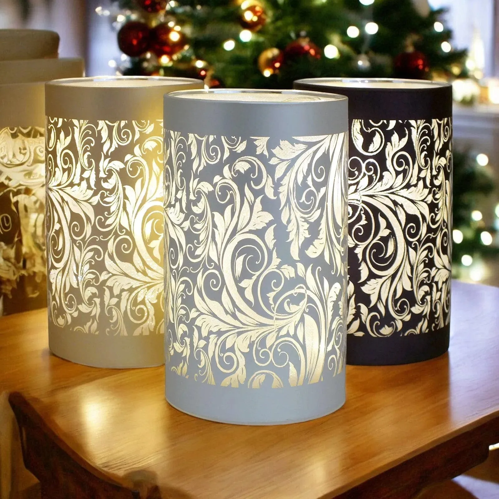 LED Glass Table Lamps Battery Operated Cordless Lights | Illuminated Sparkling Leaf Design | Blue, Gold or Silver