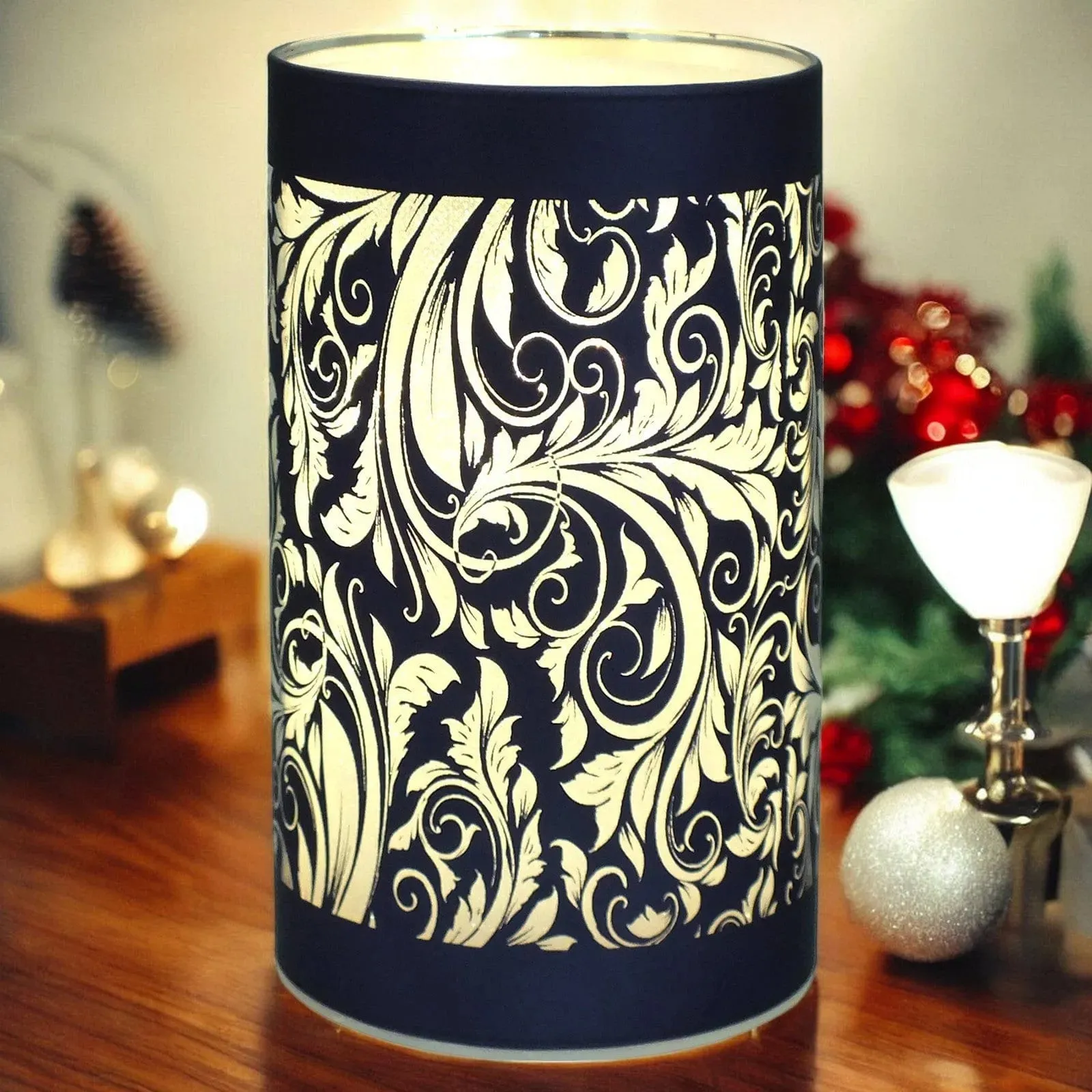 LED Glass Table Lamps Battery Operated Cordless Lights | Illuminated Sparkling Leaf Design | Blue, Gold or Silver