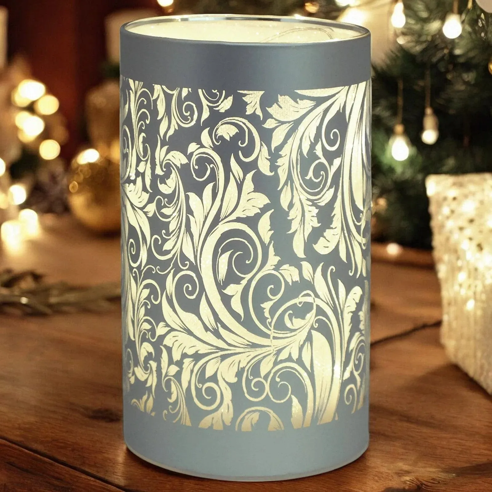 LED Glass Table Lamps Battery Operated Cordless Lights | Illuminated Sparkling Leaf Design | Blue, Gold or Silver