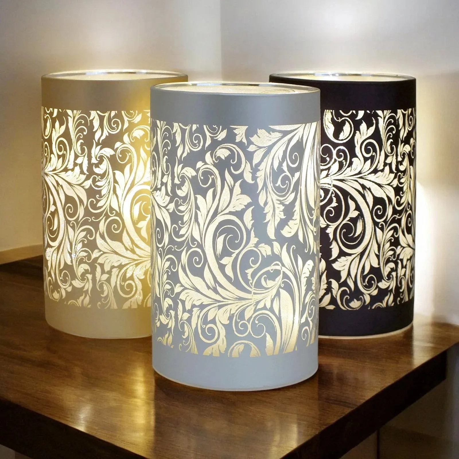 LED Glass Table Lamps Battery Operated Cordless Lights | Illuminated Sparkling Leaf Design | Blue, Gold or Silver