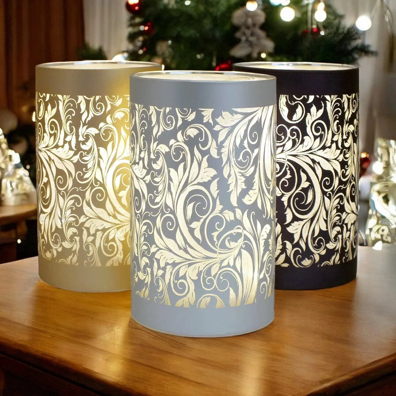 LED Glass Table Lamps Battery Operated Cordless Lights | Illuminated Sparkling Leaf Design | Blue, Gold or Silver