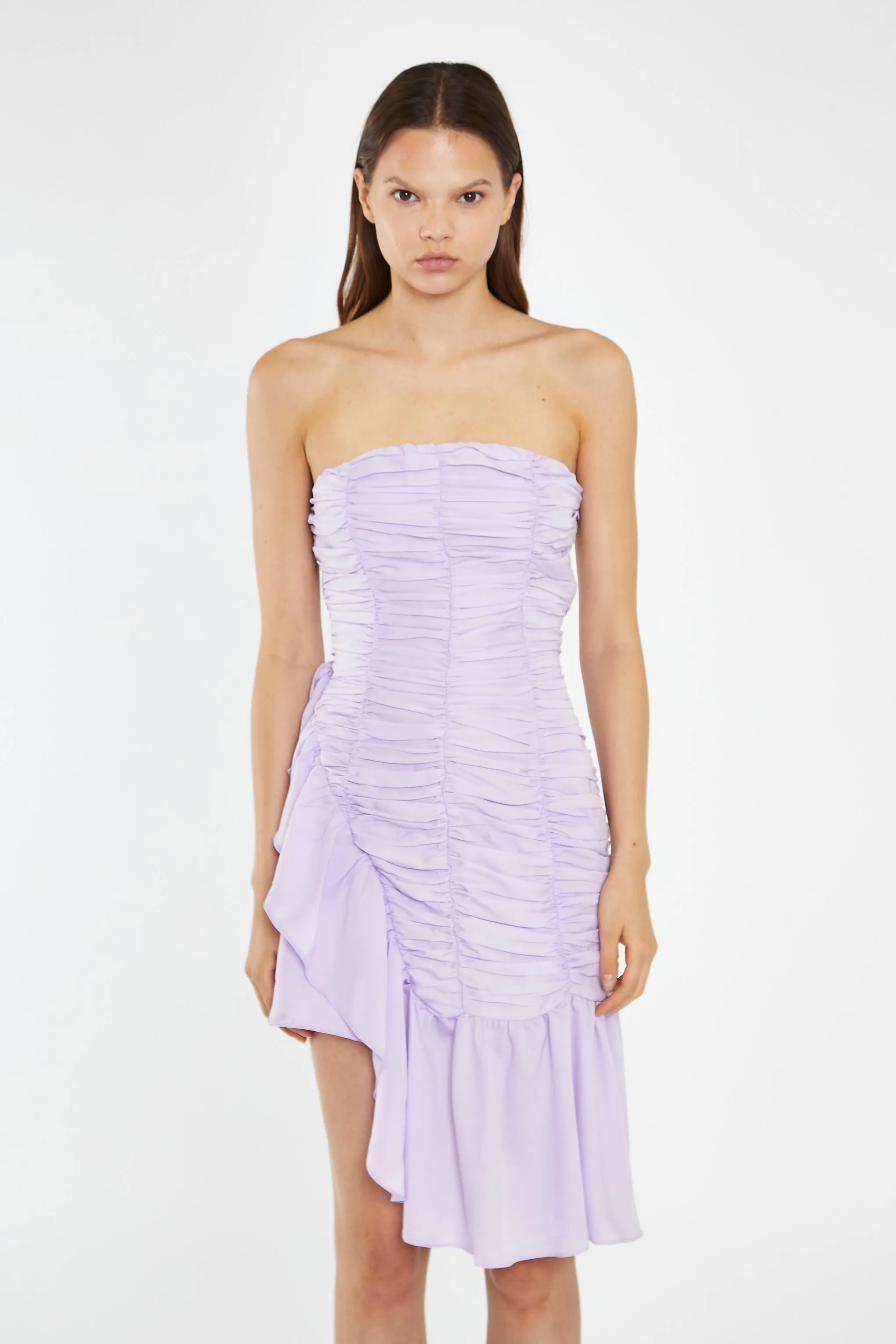 Light-Violet Strapless Asymmetric Ruched Mini-Dress