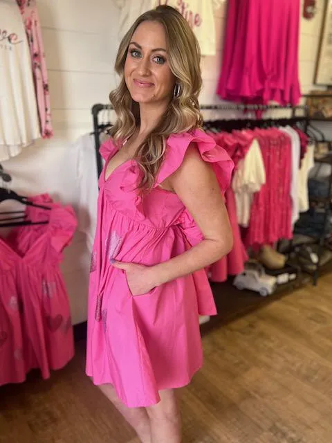Lily Mae Pink Dress with Ruffled Shoulders and Rhinestone Hearts