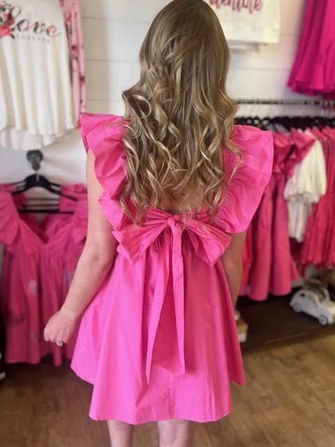 Lily Mae Pink Dress with Ruffled Shoulders and Rhinestone Hearts