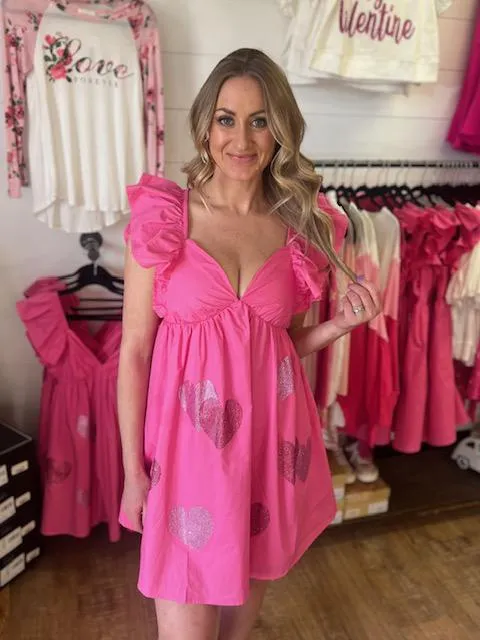 Lily Mae Pink Dress with Ruffled Shoulders and Rhinestone Hearts
