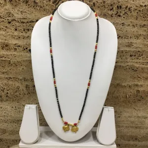 Long Mangalsutra Designs Gold Plated Latest 2 Vati Pendant Black Beads & Coral Mangalsutra