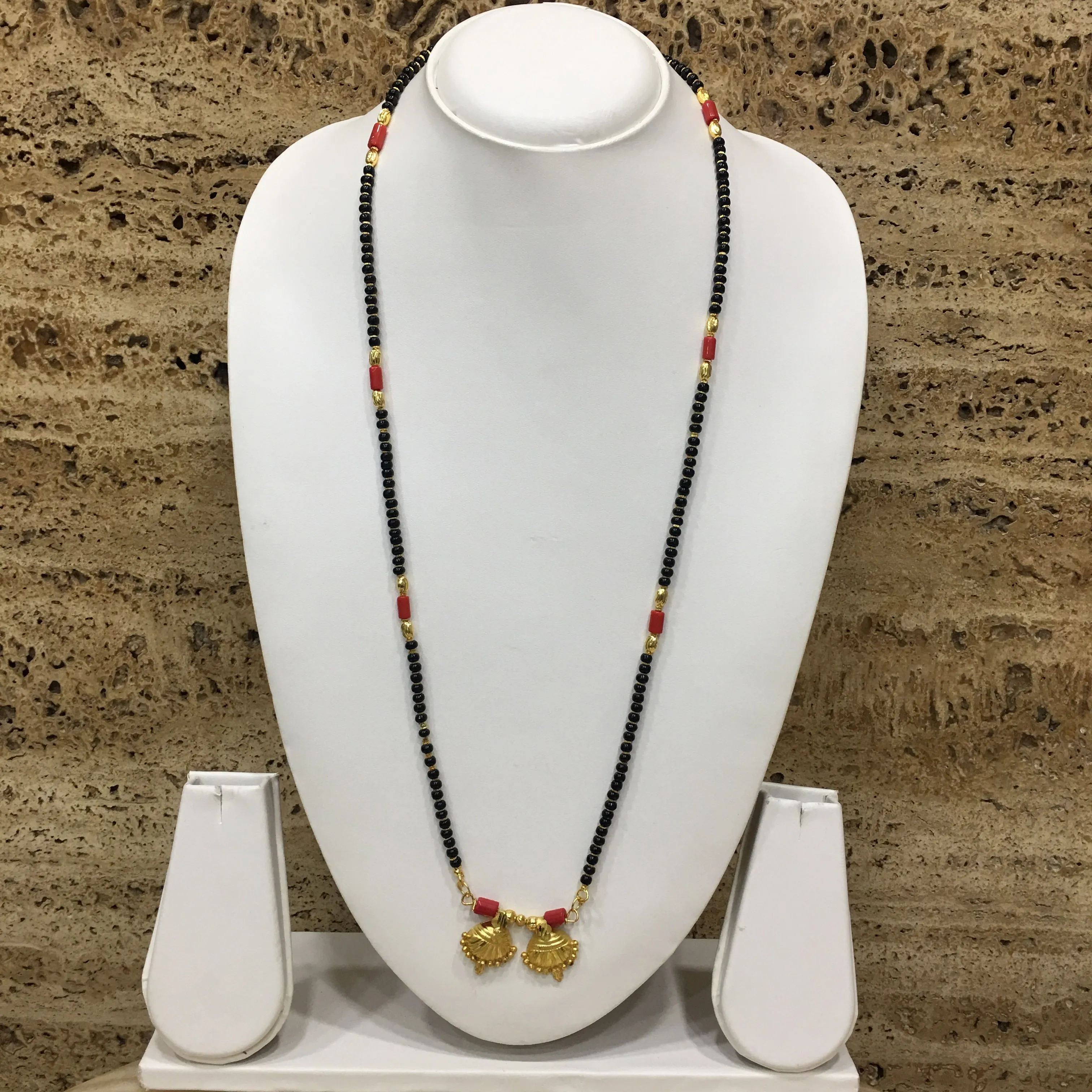 Long Mangalsutra Designs Gold Plated Latest 2 Vati Pendant Black Beads & Coral Mangalsutra