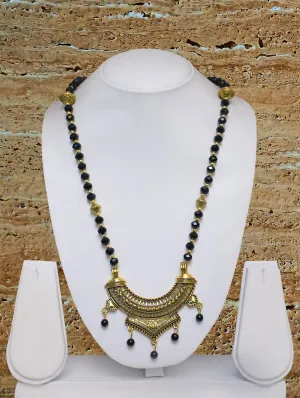 Long Mangalsutra Designs Gold Plated Latest Big Crystal Black Beads Chain Traditional Pendant Oxidized 29 Inches Mangalsutra