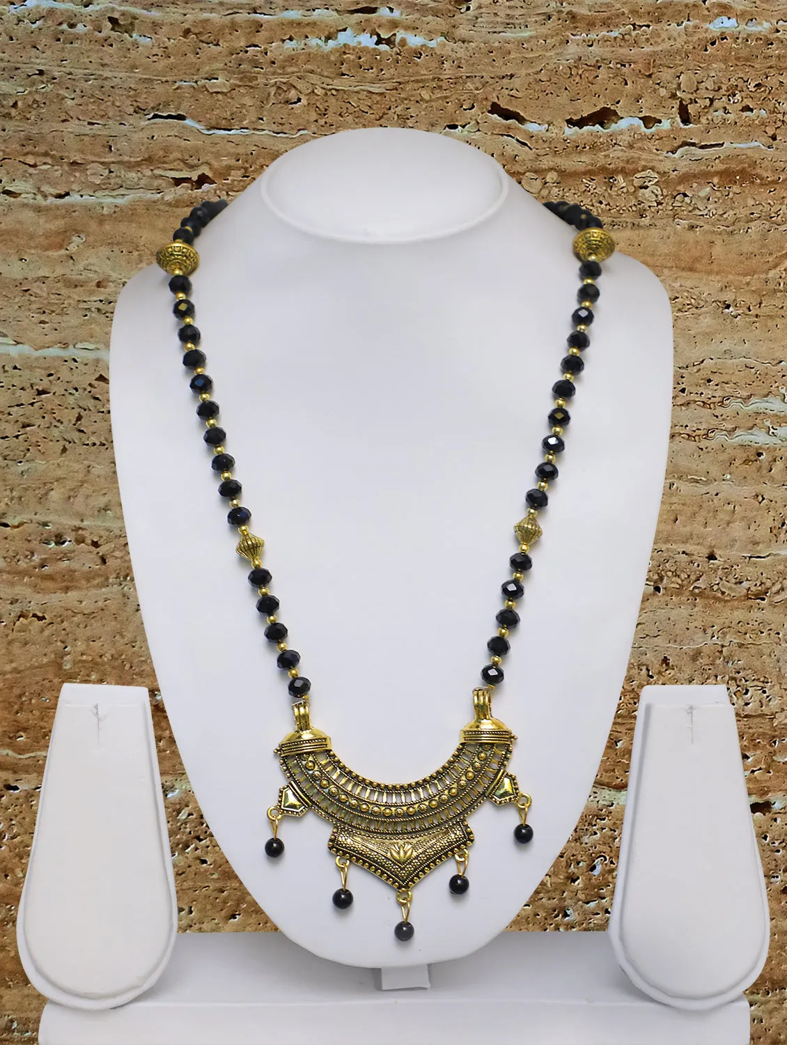 Long Mangalsutra Designs Gold Plated Latest Big Crystal Black Beads Chain Traditional Pendant Oxidized 29 Inches Mangalsutra
