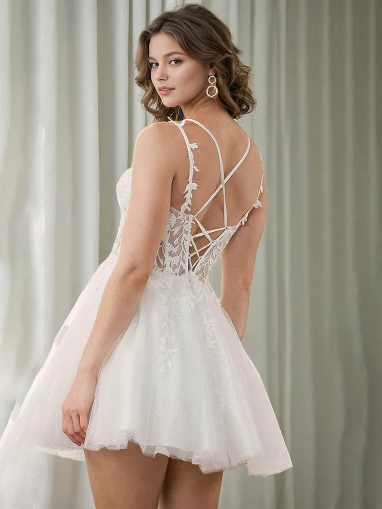 Lovely Spaghetti Straps Lace Appliques Tulle Homecoming Dresses