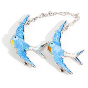 Luna Vintage Bluebirds of Happiness Silver Enamel Brooch
