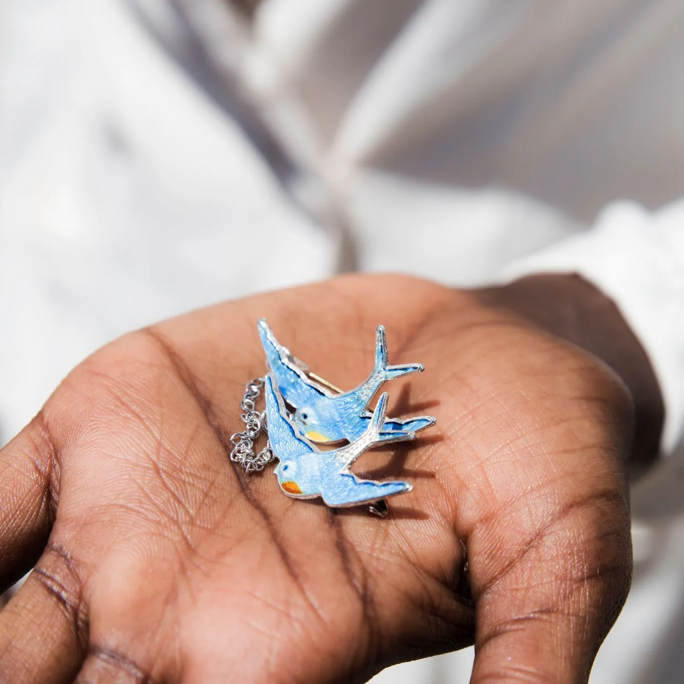 Luna Vintage Bluebirds of Happiness Silver Enamel Brooch