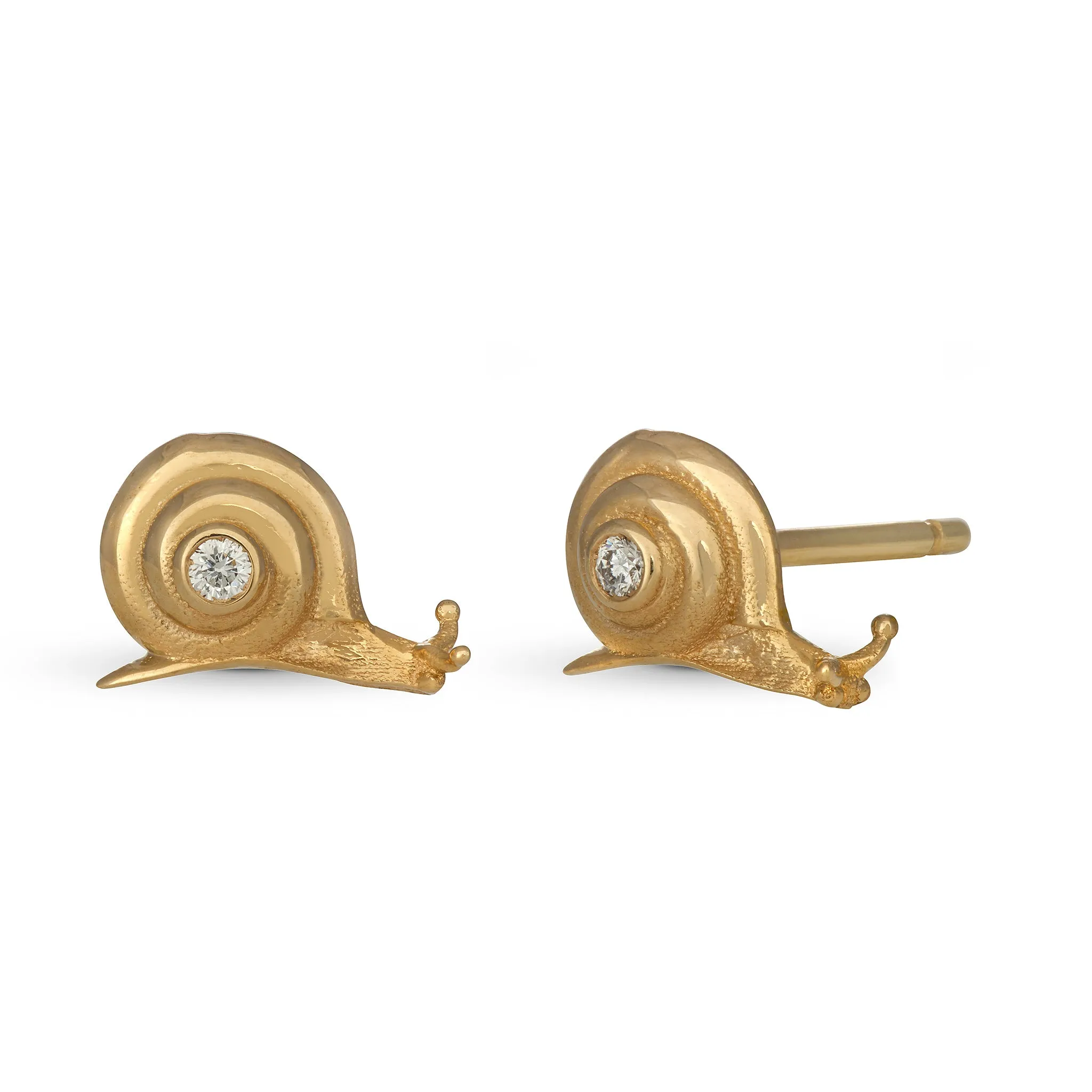 Mini Gold Snail Studs In 14K Gold & Diamonds