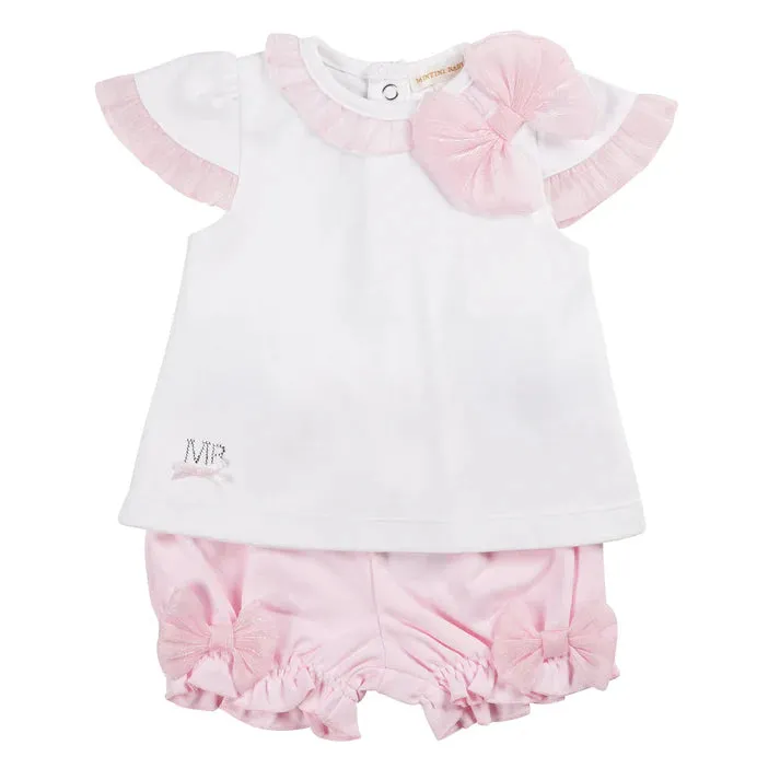Mintini Bows Top & Bloomer Set - White/Pink