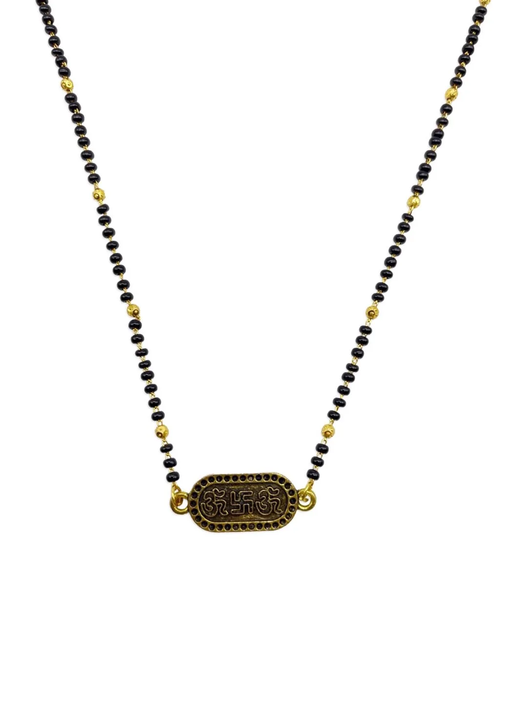 Modern Simple Trendy Short Mangalsutra Designs Om Swastik Pendant Gold And Black Beads Chain