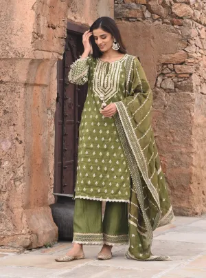 Mulmul Luxe Tissue Satin Dholna Moss Green Kurta with Mulmul Luxe Tissue Satin Dholna Moss Green Pant