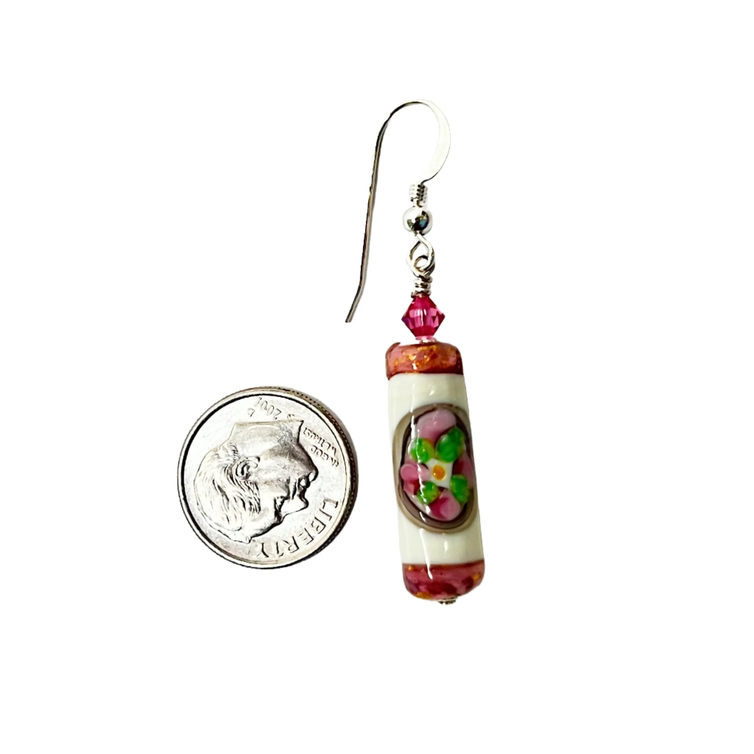 Murano Glass Pink White Tube Flower Silver Earrings