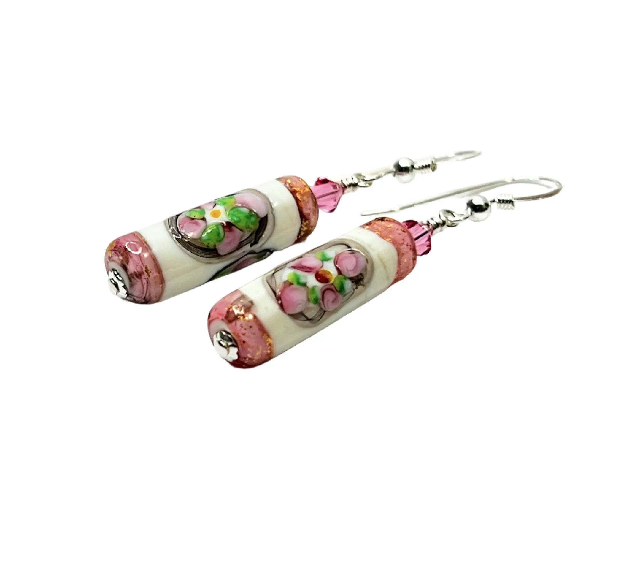 Murano Glass Pink White Tube Flower Silver Earrings