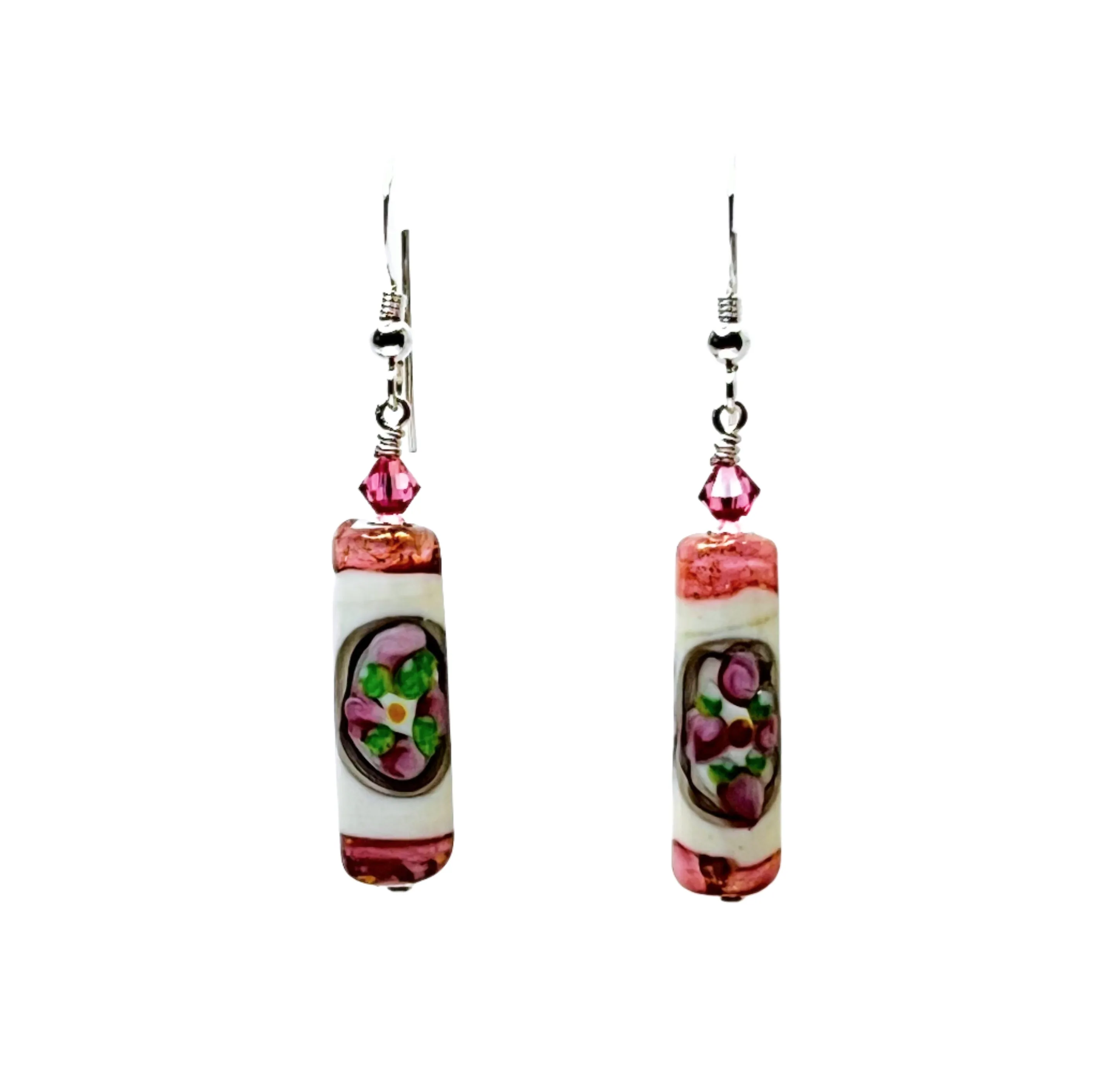 Murano Glass Pink White Tube Flower Silver Earrings