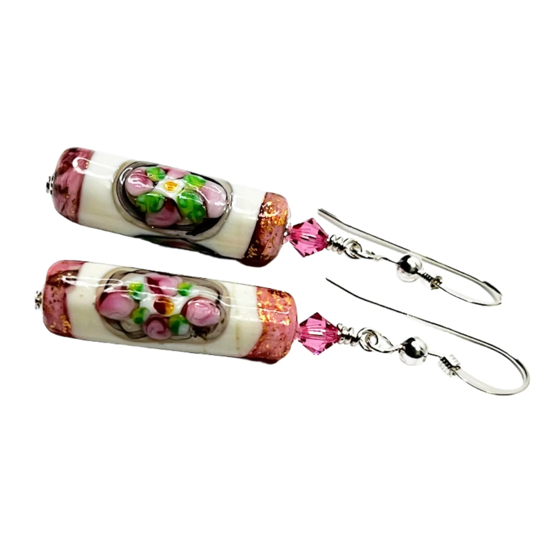 Murano Glass Pink White Tube Flower Silver Earrings