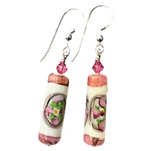 Murano Glass Pink White Tube Flower Silver Earrings