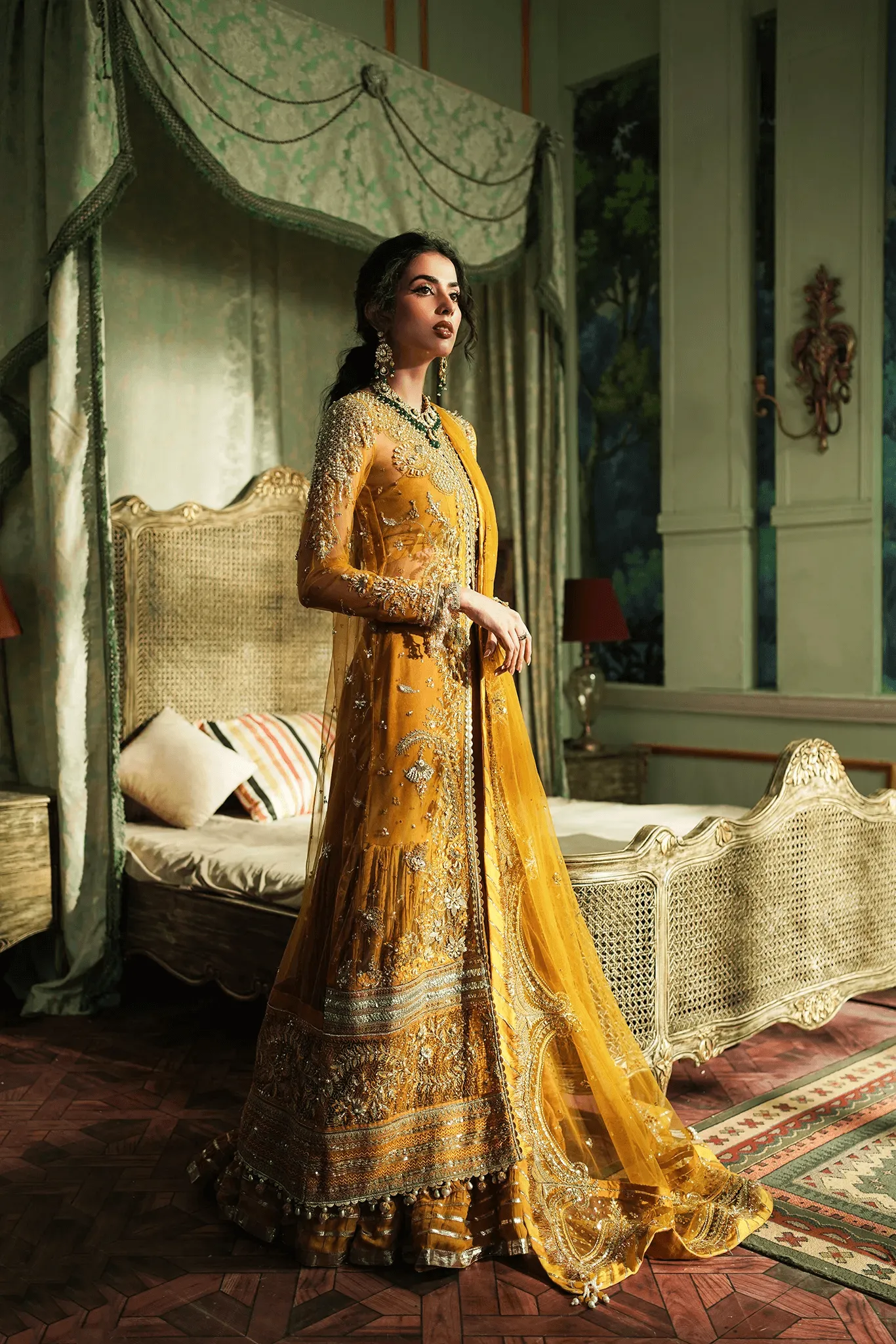 Mustard Pakistani Bridal Dress in Sharara Kameez Style