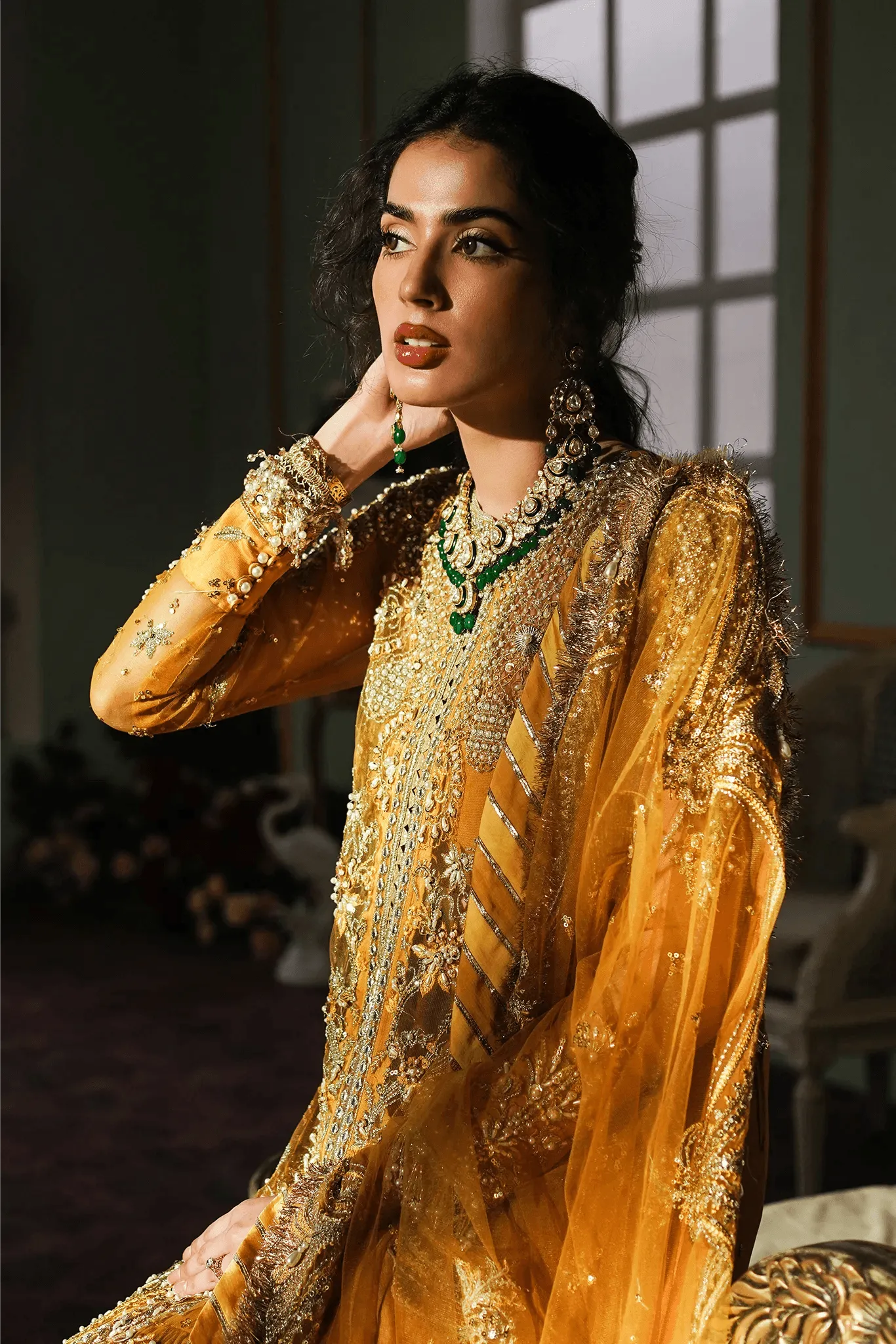 Mustard Pakistani Bridal Dress in Sharara Kameez Style