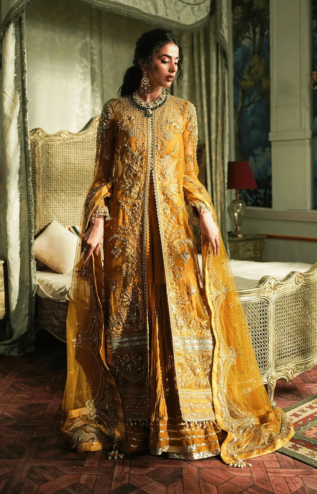 Mustard Pakistani Bridal Dress in Sharara Kameez Style