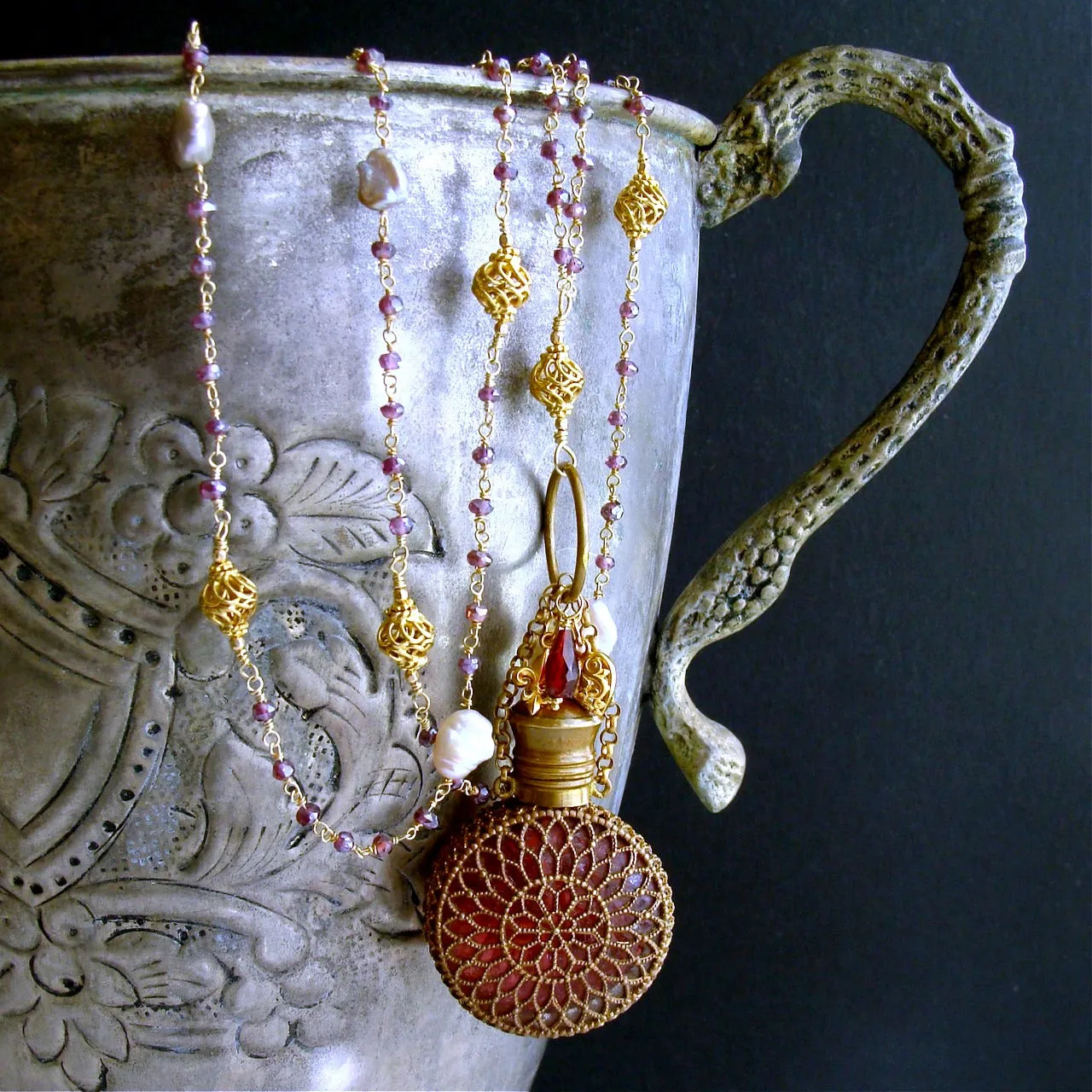 Mystic Garnet Keshi Pearls Cranberry Glass Chatelaine Scent Bottle Necklace - Alora Necklace
