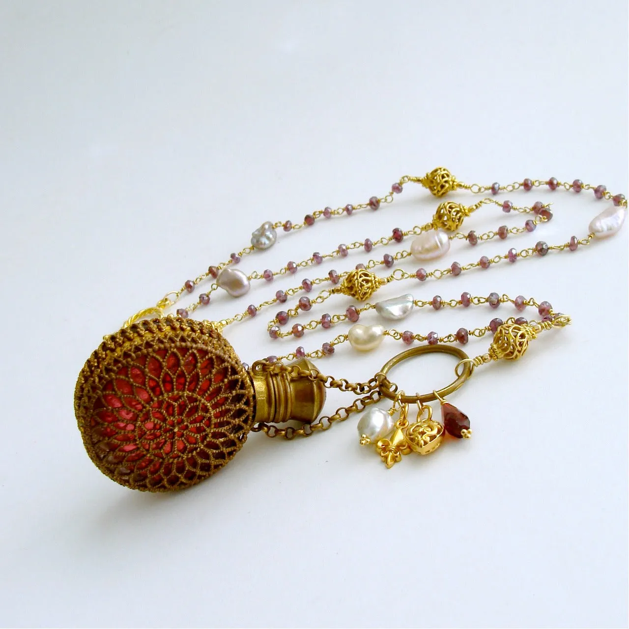 Mystic Garnet Keshi Pearls Cranberry Glass Chatelaine Scent Bottle Necklace - Alora Necklace