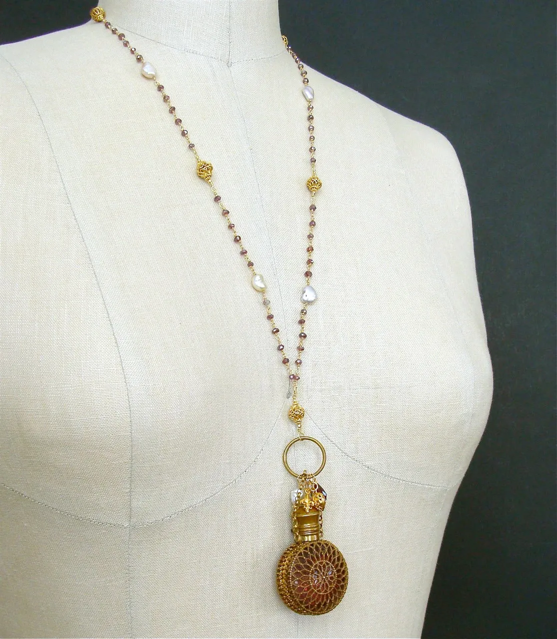 Mystic Garnet Keshi Pearls Cranberry Glass Chatelaine Scent Bottle Necklace - Alora Necklace