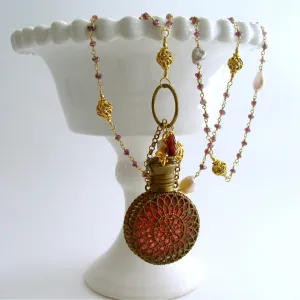 Mystic Garnet Keshi Pearls Cranberry Glass Chatelaine Scent Bottle Necklace - Alora Necklace